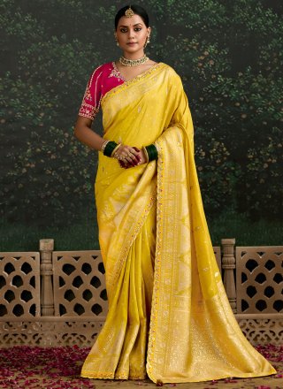 Pure Dola Traditional Saree with Patch Border, Embroidered, Sequins and Zari Work