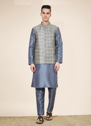 Pure Silk Kurta Payjama with Jacket In Grey