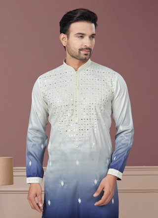 Pure Silk Kurta Pyjama In Blue and White