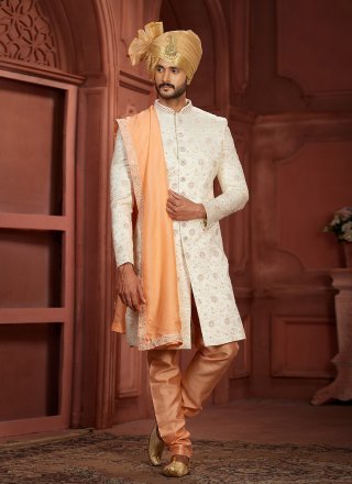 Pure Silk Sherwani Mens Wear In Cream and Peach