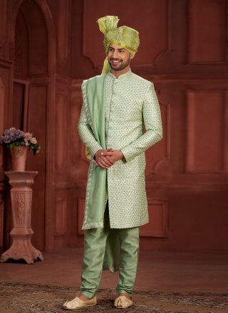Pure Silk Sherwani Mens Wear In Green