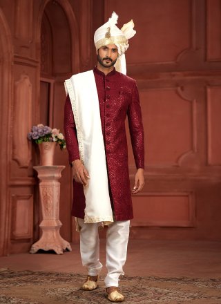 Pure Silk Sherwani Mens Wear In Maroon