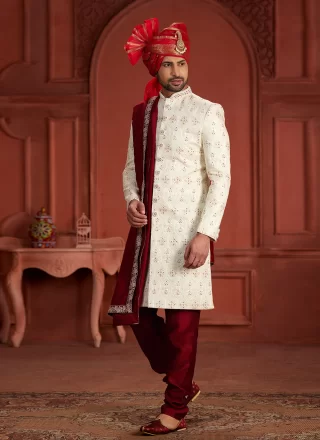 Pure Silk Sherwani Mens Wear with Embroidered, Hand and Sequins Work