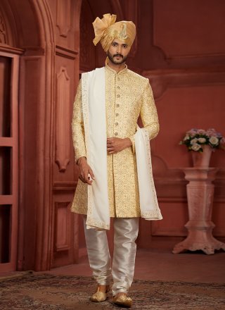 Pure Silk Sherwani Mens Wear with Embroidered, Hand and Sequins Work