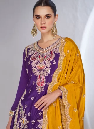 Purple and Rama Chinon Embroidered and Sequins Work Salwar Suit for Party
