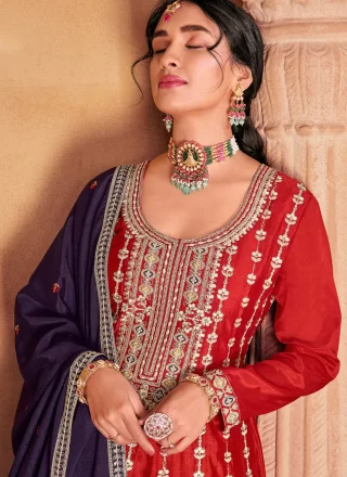 Purple and Red Chinon Embroidered Work Trendy Suit