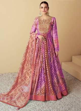 Purple and Rust Muslin Embroidered and Print Work  Designer Gown