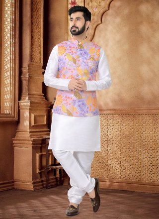 Purple and White Cotton Kurta Payjama with Jacket with Foil Print Work for Men