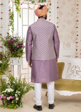 Purple Art Banarasi Silk Kurta Payjama with Jacket with Machine Embroidery Work for Ceremonial