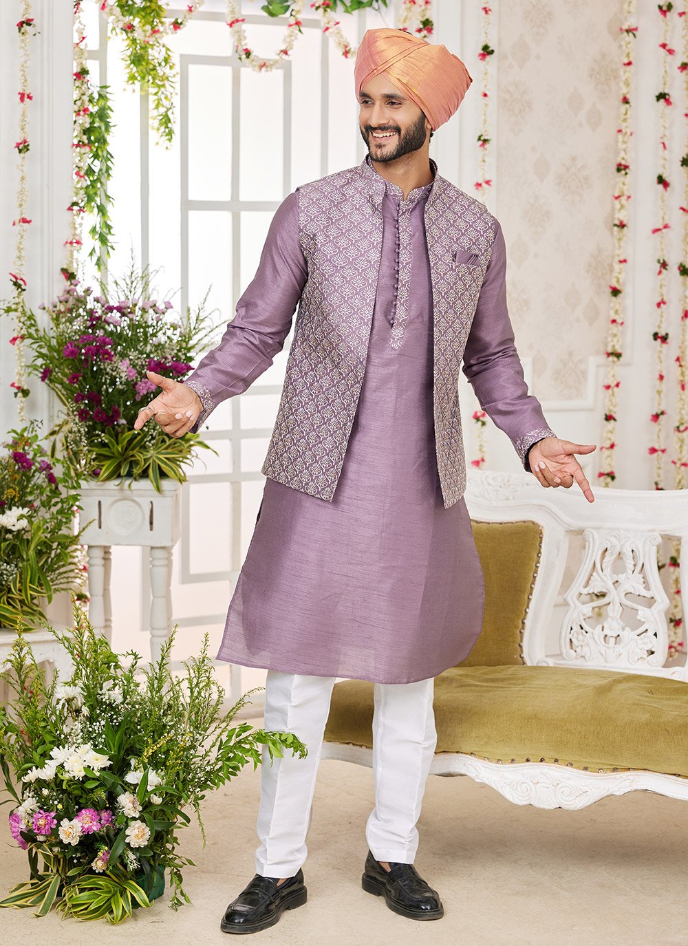 Buy Purple Art Banarasi Silk Kurta Payjama with Jacket with