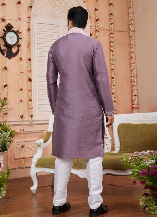 Purple Art Banarasi Silk Kurta Pyjama with Patch Border Work for Men