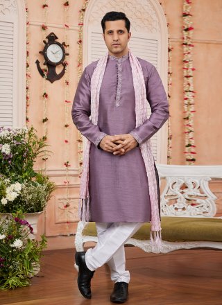 Purple Art Banarasi Silk Kurta Pyjama with Patch Border Work for Men
