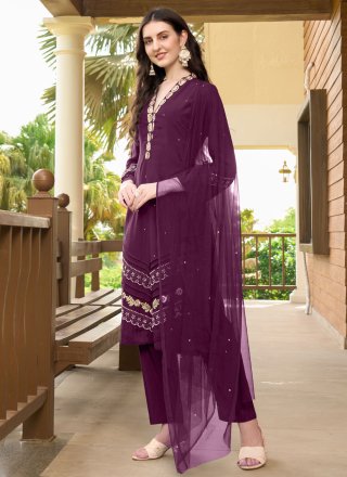 Purple Art Silk Embroidered and Moti Work Readymade Salwar Suit for Ceremonial