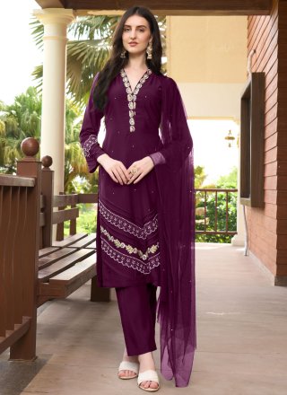 Purple Art Silk Embroidered and Moti Work Readymade Salwar Suit for Ceremonial
