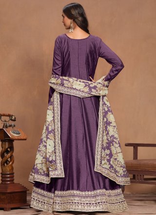 Purple Art Silk Embroidered Work Gown