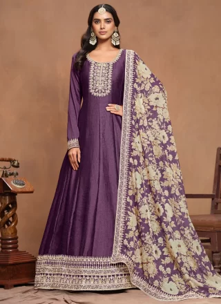 Purple Art Silk Embroidered Work Gown