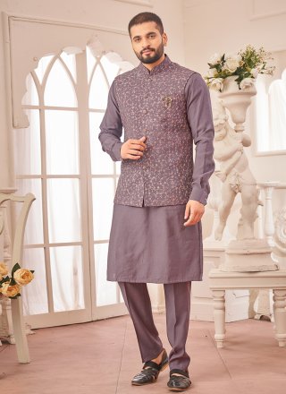 Purple Art Silk Embroidered Work Kurta Payjama with Jacket