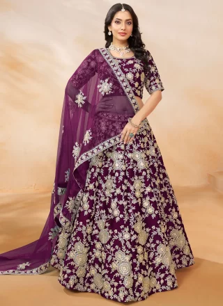 Purple Art Silk Lehenga Choli with Embroidered and Sequins Work for Women