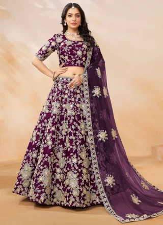 Purple Art Silk Lehenga Choli with Embroidered and Sequins Work for Women