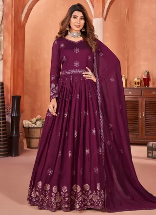 Purple Art Silk Salwar Suit with Embroidered Work