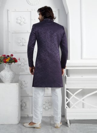 Purple Art Silk Sherwani Mens Wear with Embroidered Work for Men