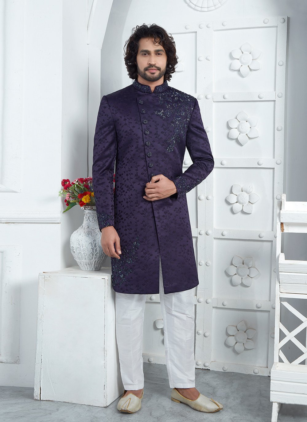 Buy Purple Art Silk Sherwani Mens Wear with Embroidered Work for