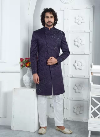 Purple Art Silk Sherwani Mens Wear with Embroidered Work for Men