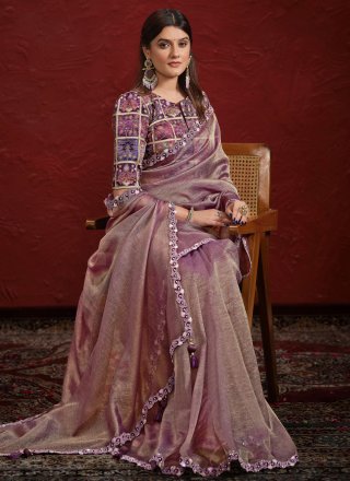 Purple Banarasi Silk Cut, Embroidered, Moti and Sequins Work Contemporary Sari