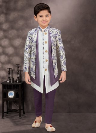 Purple Banarasi Silk Digital Print, Machine Embroidery and Thread Work Sherwani Kids Wear for Engagement