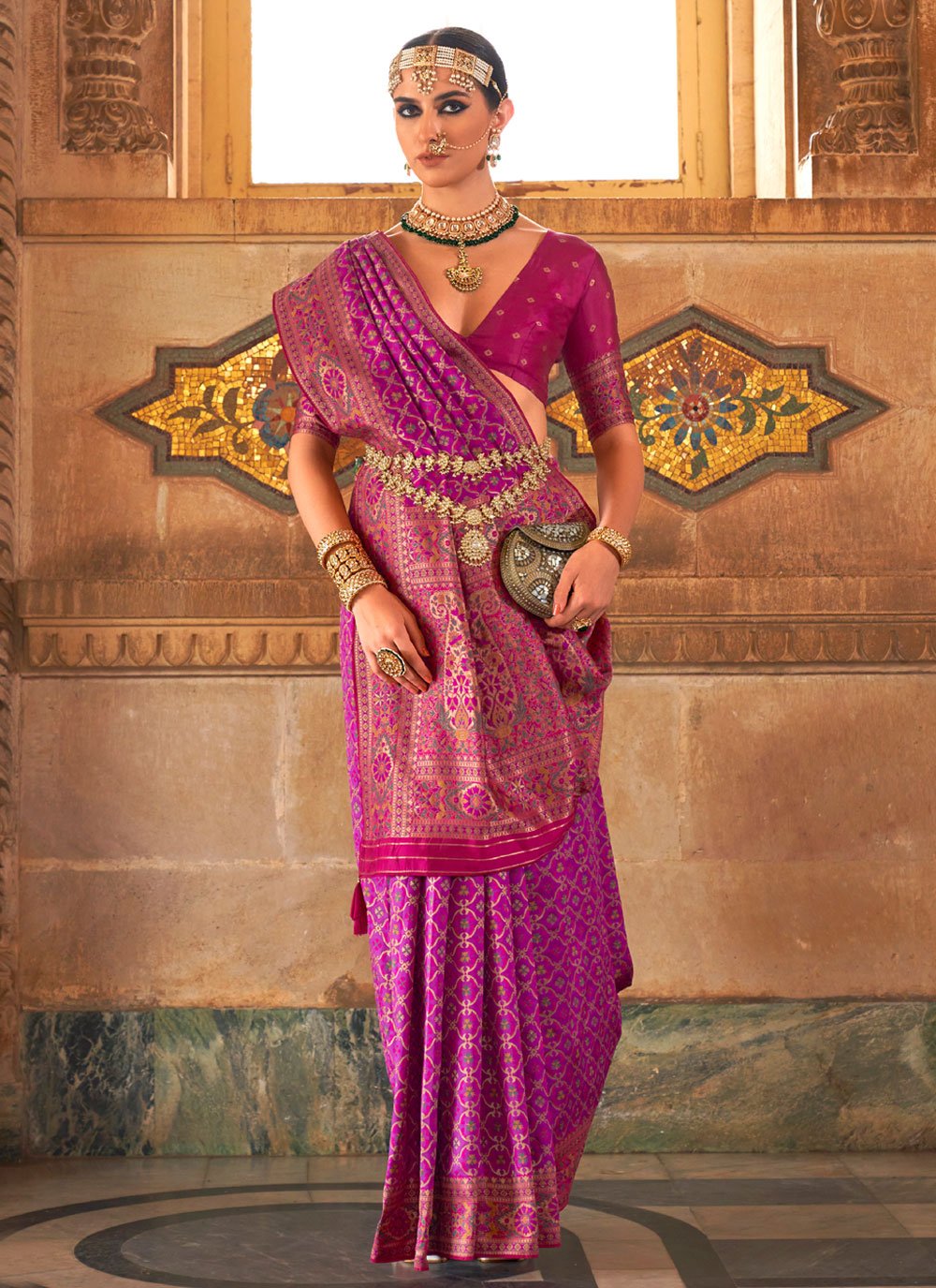 Jam Purple Zari Woven Soft Silk Saree With Green Blouse