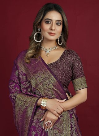 Purple Banarasi Silk Woven Work Trendy Saree for Ceremonial
