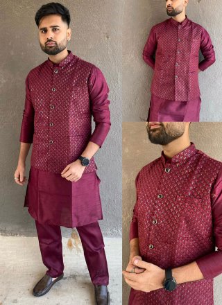 Purple Banglori Silk Kurta Payjama with Jacket with Embroidered, Plain and Sequins Work for Ceremonial