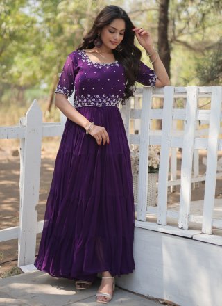 Purple Beads and Embroidered Work Faux Georgette  Designer Gown
