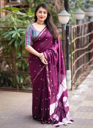 Purple Chanderi Cotton Block Print Work Contemporary Sari