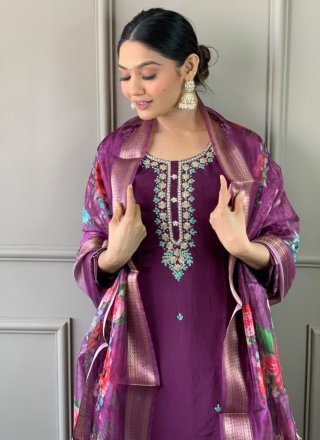 Purple Chanderi Embroidered and Print Work Trendy Suit for Ceremonial