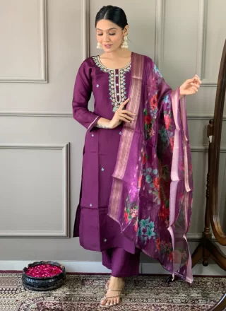 Purple Chanderi Embroidered and Print Work Trendy Suit for Ceremonial