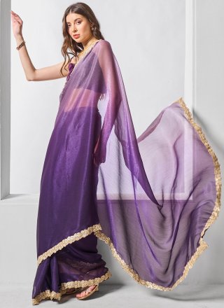 Purple Chiffon Patch Border, Embroidered and Sequins Work Designer Sari