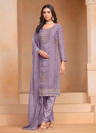 Purple Chiffon Salwar Suit with Embroidered Work for Ceremonial