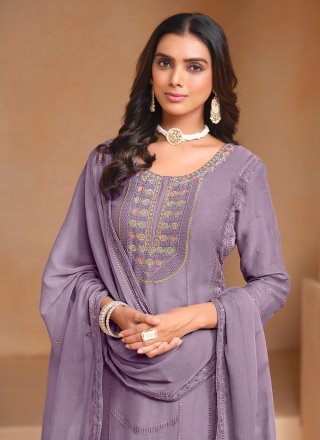 Purple Chiffon Salwar Suit with Embroidered Work for Ceremonial