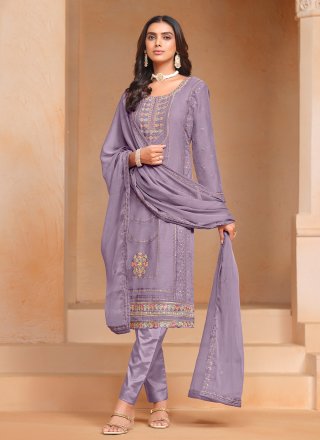 Purple Chiffon Salwar Suit with Embroidered Work for Ceremonial