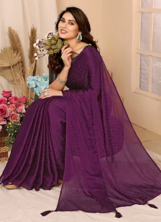 Purple Chiffon Satin Stone Work Designer Sari
