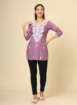 Purple Chikankari, Embroidered and Thread Work Rayon Casual Kurti