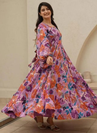 Purple Chinon Digital Print Work Gown for Ceremonial