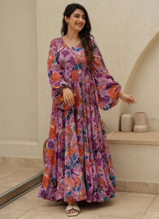 Purple Chinon Digital Print Work Gown for Ceremonial