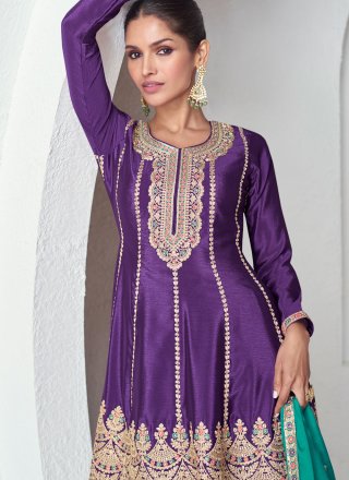 Purple Chinon Embroidered and Sequins Work Palazzo Salwar Suit for Ceremonial