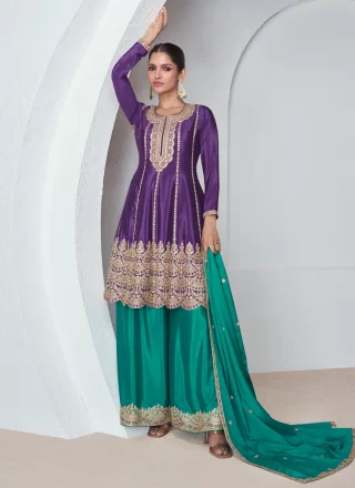 Purple Chinon Embroidered and Sequins Work Palazzo Salwar Suit for Ceremonial