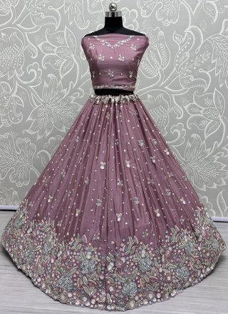 Purple Chinon Embroidered, Fancy, Sequins and Thread Work Lehenga Choli for Engagement