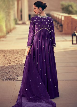 Purple Chinon Embroidered Work Indian Gown for Ceremonial