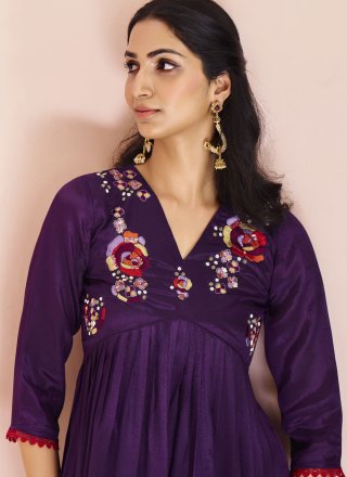 Purple Chinon Party Wear Kurti with Embroidered Work