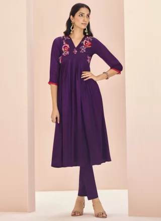 Purple Chinon Party Wear Kurti with Embroidered Work